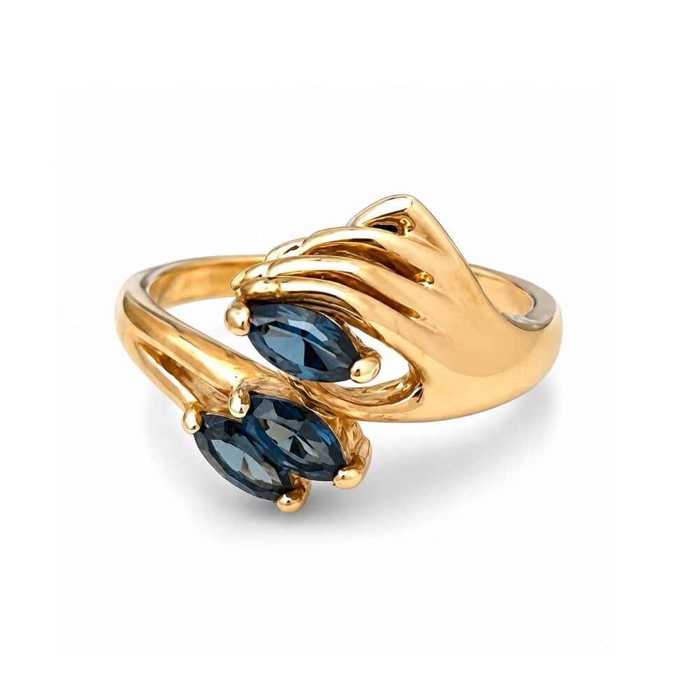Vintage 1970s Ring Size 8 Victorian Revival Hand Blue Crystal Gold Plate - 14Y